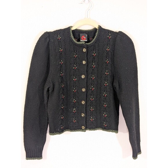 Vintage Giesswein Black Floral Embroidered Cardigan Wool Cottagecore Sz 40 - Picture 2 of 10